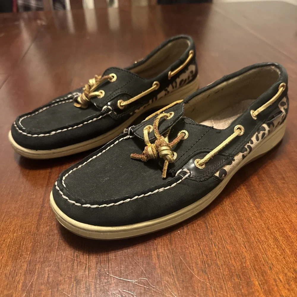 Sperry Top-Sider Men's 9.5M Boat Shoes‎ Leather Black Leopard Print Deck Loafers
